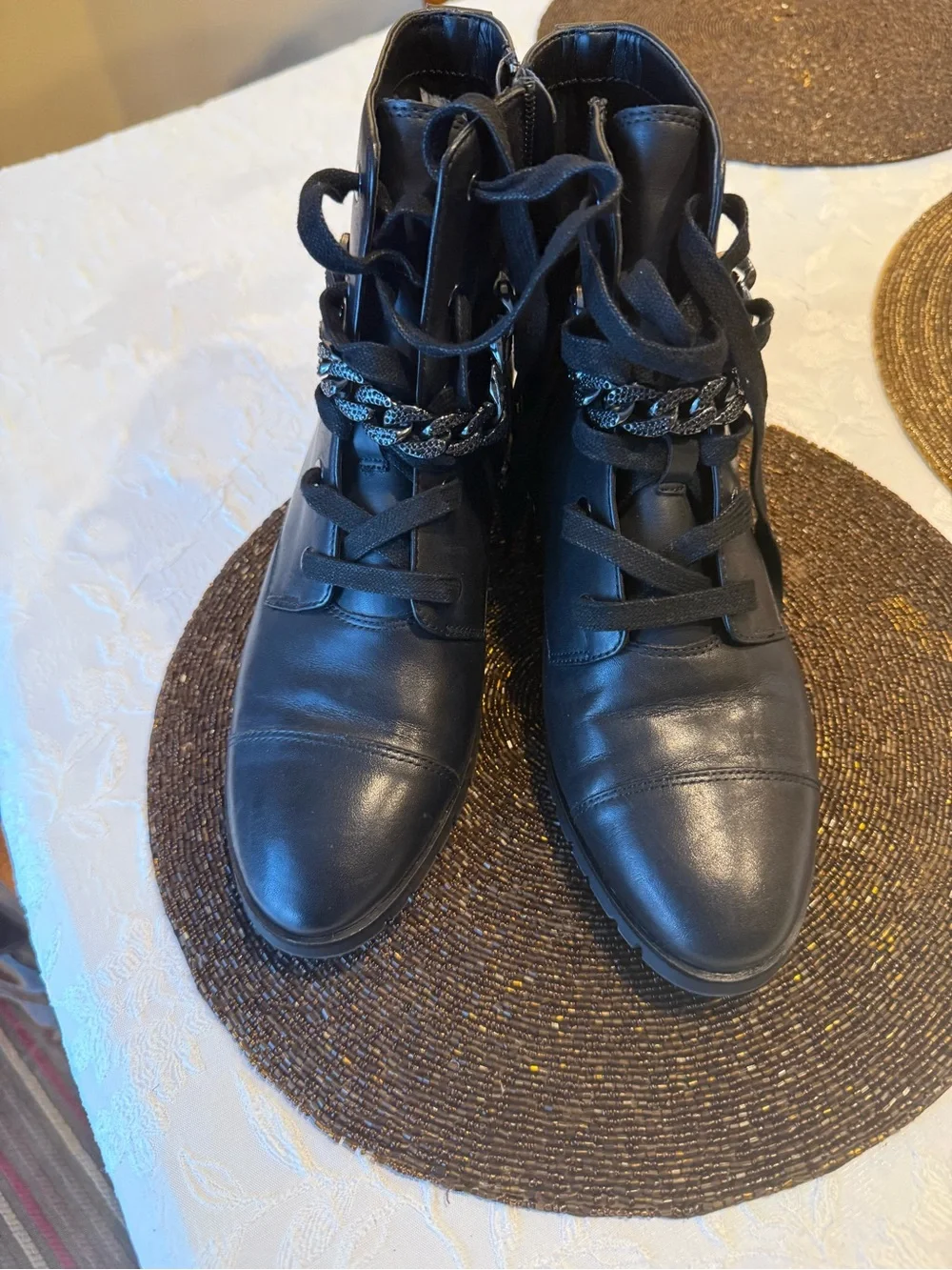 Karl Lagerfeld Black Lace-Up Ankle Boots with Chain Detail